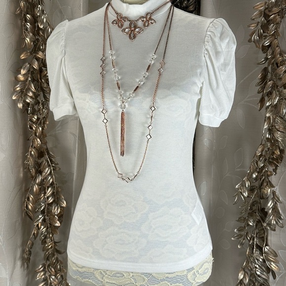 Floerns White Puff Sleeve Mock Neck Ribbed Top - Medium Layering Essential Basic - Picture 7 of 13